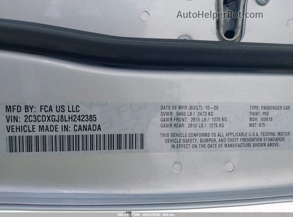 2C3CDXGJ8LH242385 2020 DODGE CHARGER Silver ძრავის განყოფილების ხედი