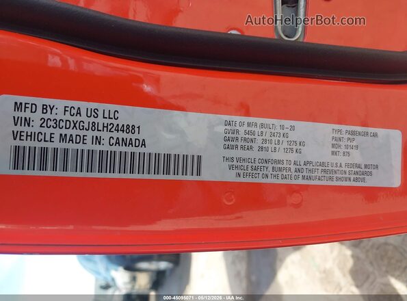 2C3CDXGJ8LH244881 2020 DODGE CHARGER Оранжевый Вид подкапотного пространства