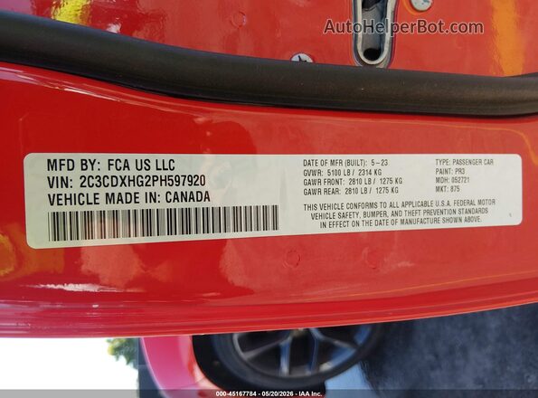 2C3CDXHG2PH597920 2023 DODGE CHARGER Red Vista del compartimento del motor