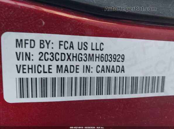 2C3CDXHG3MH603929 2021 DODGE CHARGER Maroon ძრავის განყოფილების ხედი