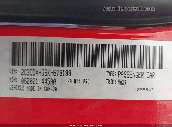 2C3CDXHG6KH678198 2019 DODGE CHARGER Red Widok komory silnika