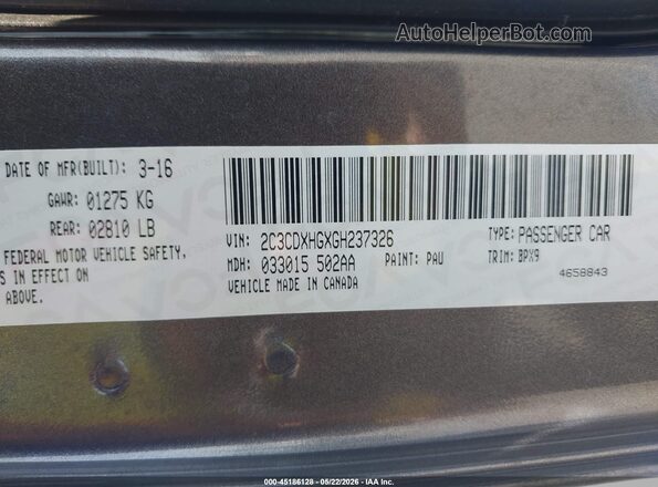 2C3CDXHGXGH237326 2016 DODGE CHARGER Gray Շարժիչի բաժամունքի տեսք