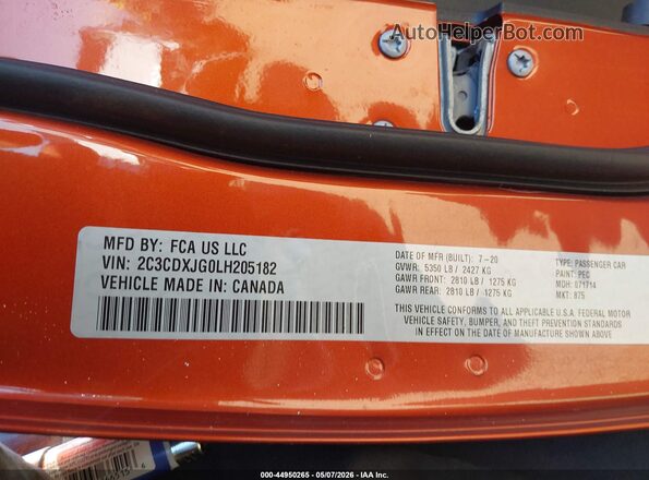 2C3CDXJG0LH205182 2020 DODGE CHARGER Orange Շարժիչի բաժամունքի տեսք