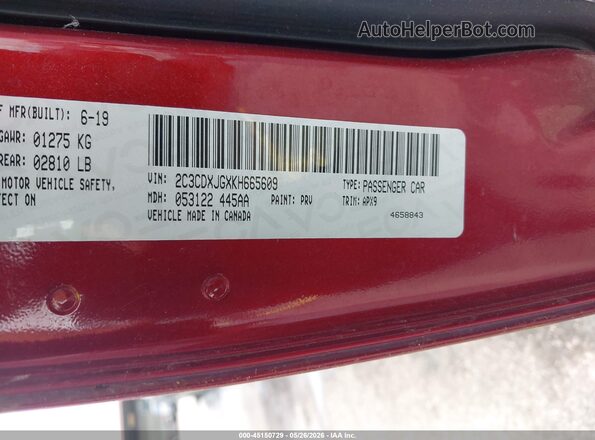 2C3CDXJGXKH665609 2019 DODGE CHARGER Burgundy Widok komory silnika