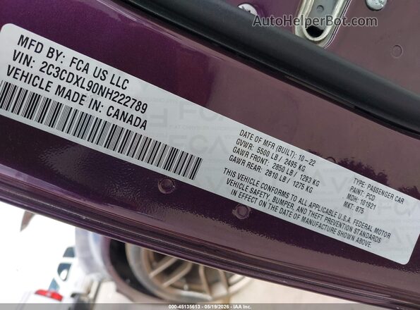 2C3CDXL90NH222789 2022 DODGE CHARGER Purple Вид підкапотного простору