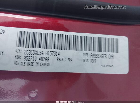 2C3CDXL94LH157314 2020 DODGE CHARGER Burgundy Engine compartment view