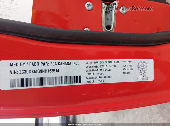 2C3CDXMG9NH163514 2022 DODGE CHARGER Red 