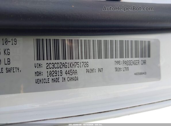 2C3CDZAG1KH751726 2019 DODGE CHALLENGER White Widok komory silnika