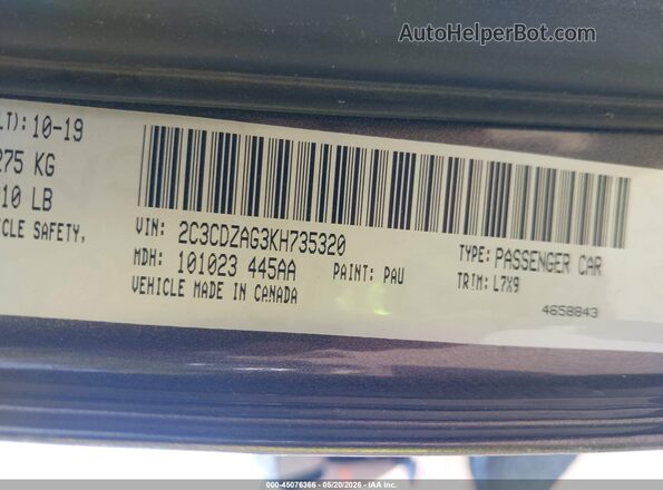2C3CDZAG3KH735320 2019 DODGE CHALLENGER Gray Widok komory silnika