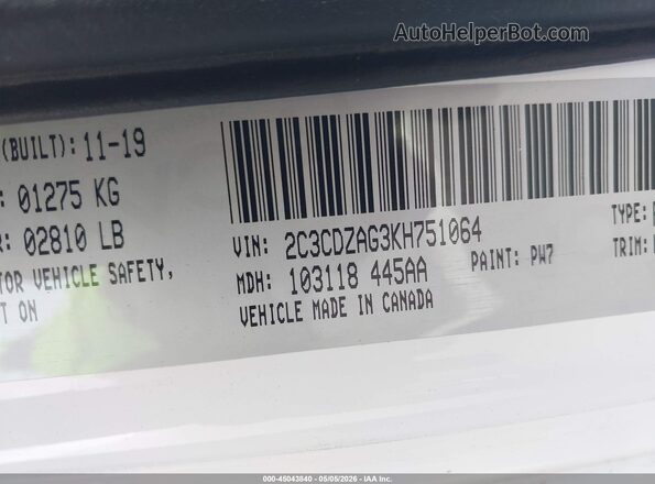2C3CDZAG3KH751064 2019 DODGE CHALLENGER White Widok komory silnika