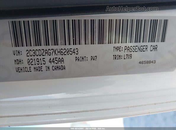 2C3CDZAG7KH620543 2019 DODGE CHALLENGER White Widok komory silnika