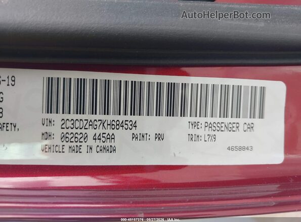 2C3CDZAG7KH684534 2019 DODGE CHALLENGER Burgundy Շարժիչի բաժամունքի տեսք