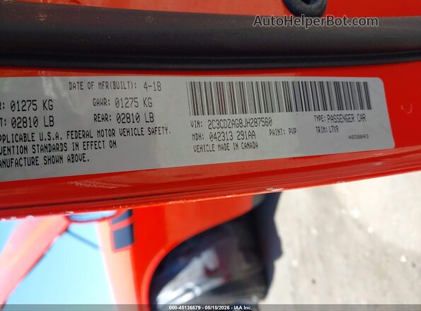 2C3CDZAG8JH287560 2018 DODGE CHALLENGER Orange ძრავის განყოფილების ხედი