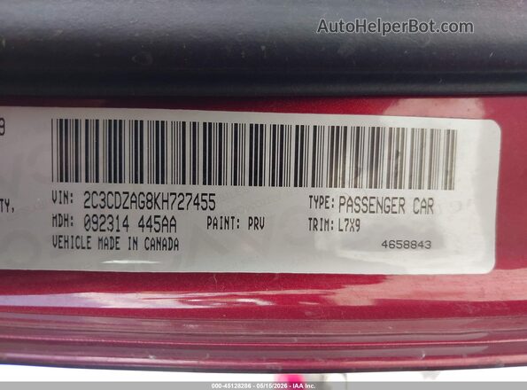 2C3CDZAG8KH727455 2019 DODGE CHALLENGER Maroon Widok komory silnika