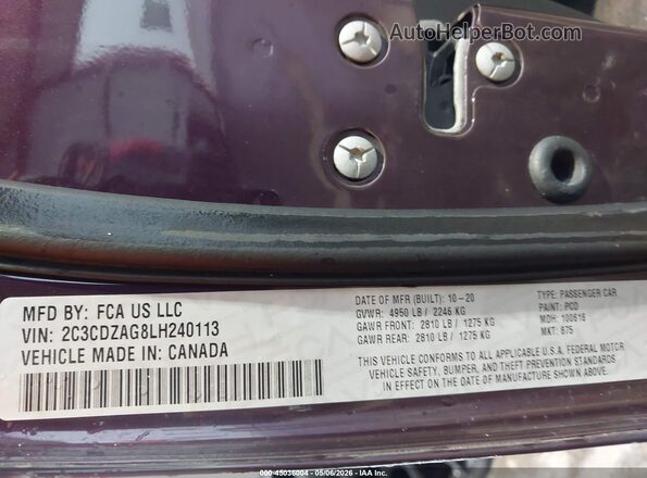 2C3CDZAG8LH240113 2020 DODGE CHALLENGER Purple Vista del compartimento del motor