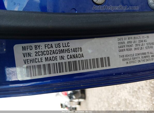 2C3CDZAG9MH514078 2021 DODGE CHALLENGER Blue Vista del compartimento del motor