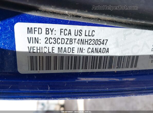 2C3CDZBT4NH230547 2022 DODGE CHALLENGER Синий Вид подкапотного пространства