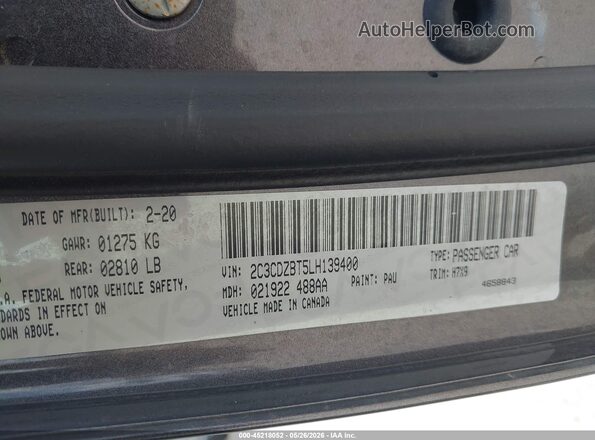 2C3CDZBT5LH139400 2020 DODGE CHALLENGER Gray ძრავის განყოფილების ხედი