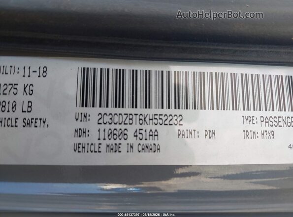 2C3CDZBT6KH552232 2019 DODGE CHALLENGER Gray Շարժիչի բաժամունքի տեսք