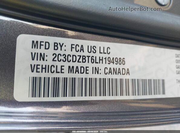 2C3CDZBT6LH194986 2020 DODGE CHALLENGER Gray Vista del compartimento del motor
