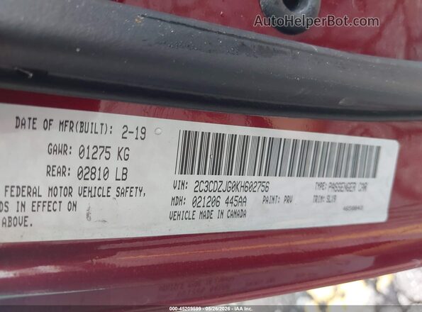 2C3CDZJG0KH602756 2019 DODGE CHALLENGER Burgundy Widok komory silnika