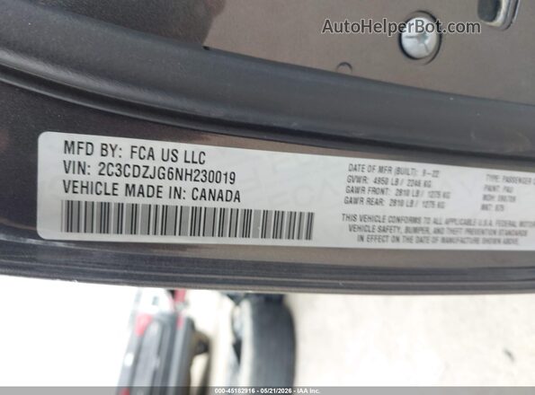2C3CDZJG6NH230019 2022 DODGE CHALLENGER Gray Engine compartment view