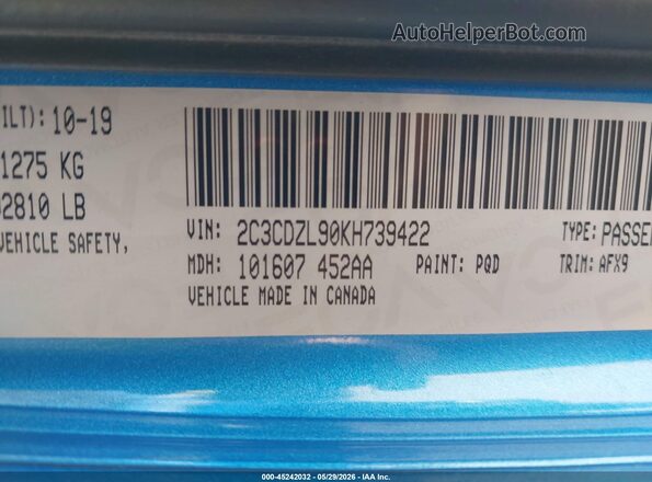 2C3CDZL90KH739422 2019 DODGE CHALLENGER Blue 
