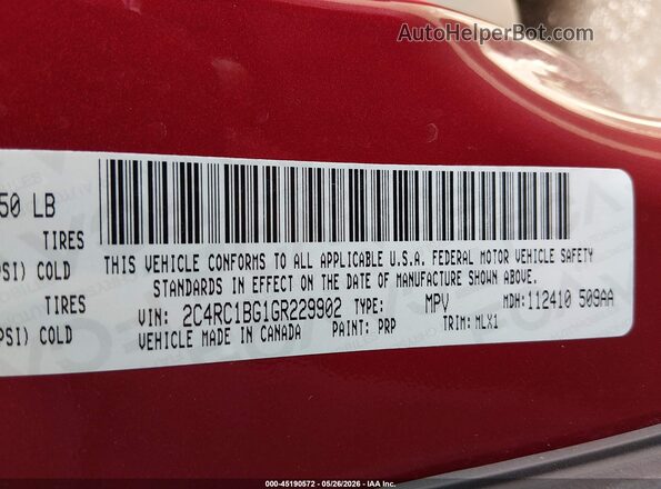 2C4RC1BG1GR229902 2016 CHRYSLER TOWN & COUNTRY Maroon Engine compartment view
