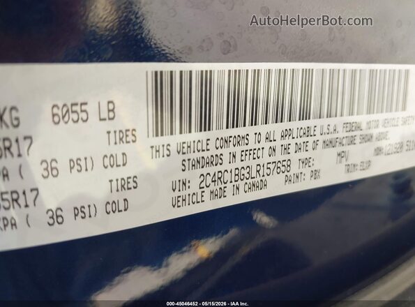 2C4RC1BG3LR157658 2020 CHRYSLER PACIFICA Blue ძრავის განყოფილების ხედი