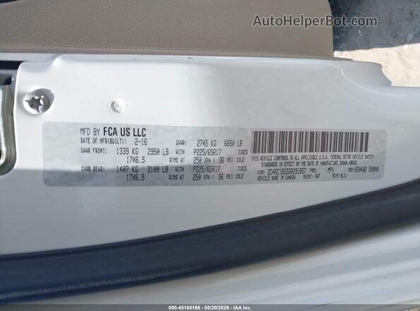 2C4RC1BG5GR291657 2016 CHRYSLER TOWN & COUNTRY White Vista del compartimento del motor