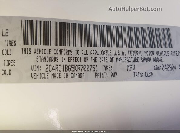 2C4RC1BG5KR700751 2019 CHRYSLER PACIFICA White Vista del compartimento del motor