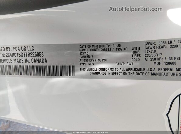 2C4RC1BG7TR226058 2026 CHRYSLER PACIFICA White Widok komory silnika