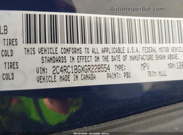 2C4RC1BGXGR228554 2016 CHRYSLER TOWN & COUNTRY Blue Vista del compartimento del motor