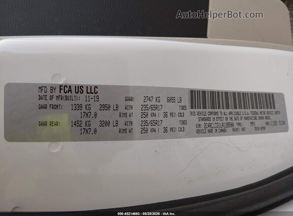 2C4RC1CG1LR128500 2020 CHRYSLER VOYAGER White Вид підкапотного простору