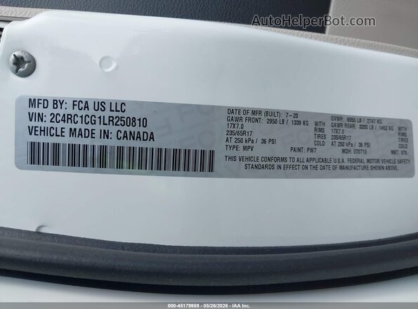 2C4RC1CG1LR250810 2020 CHRYSLER VOYAGER White Vista del compartimento del motor