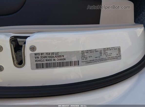 2C4RC1DG0LR260579 2020 CHRYSLER VOYAGER White Вид підкапотного простору