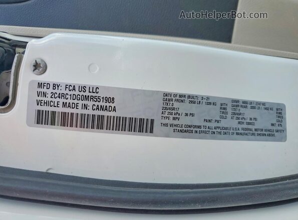 2C4RC1DG0MR551908 2021 CHRYSLER VOYAGER White 