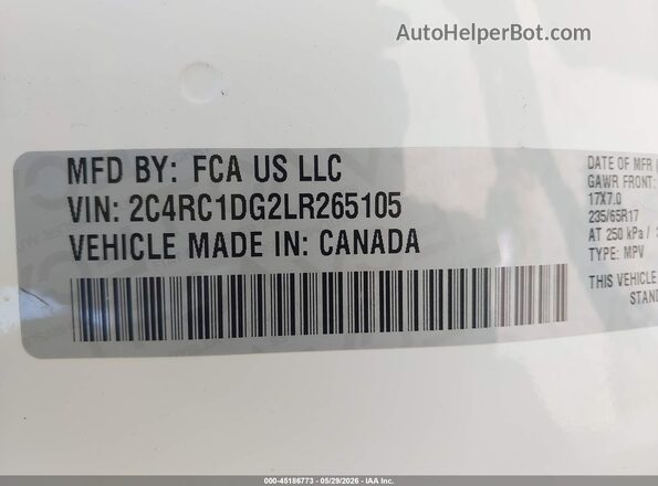 2C4RC1DG2LR265105 2020 CHRYSLER VOYAGER White Вид підкапотного простору