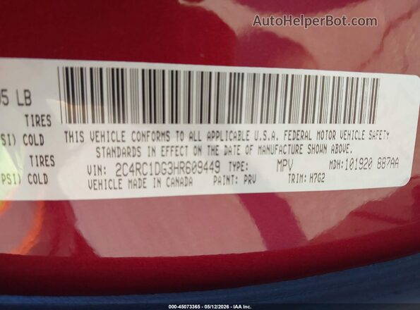 2C4RC1DG3HR609449 2017 CHRYSLER PACIFICA Burgundy Engine compartment view