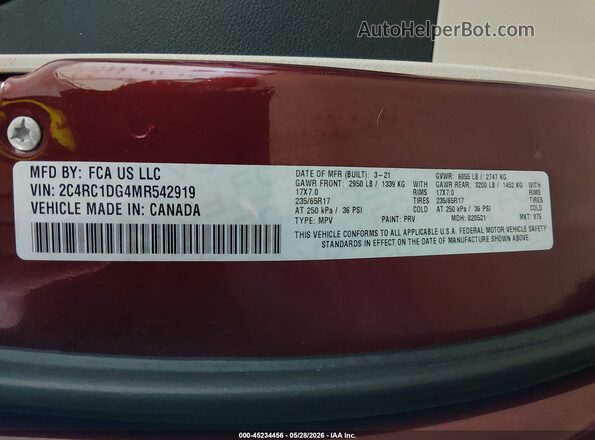 2C4RC1DG4MR542919 2021 CHRYSLER VOYAGER Maroon Widok komory silnika