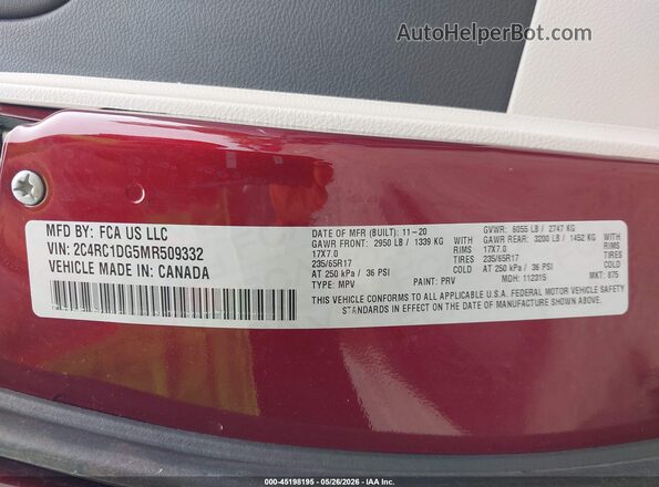 2C4RC1DG5MR509332 2021 CHRYSLER VOYAGER Maroon ძრავის განყოფილების ხედი