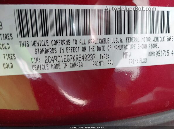 2C4RC1EG7KR540237 2019 CHRYSLER PACIFICA Red Vista del compartimento del motor