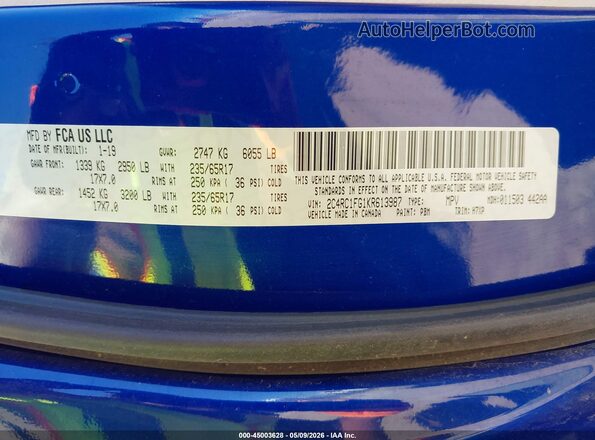 2C4RC1FG1KR613987 2019 CHRYSLER PACIFICA Blue Շարժիչի բաժամունքի տեսք
