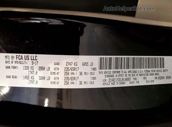 2C4RC1FG5JR109957 2018 CHRYSLER PACIFICA Black VIN კოდის სტიკერის ხედი