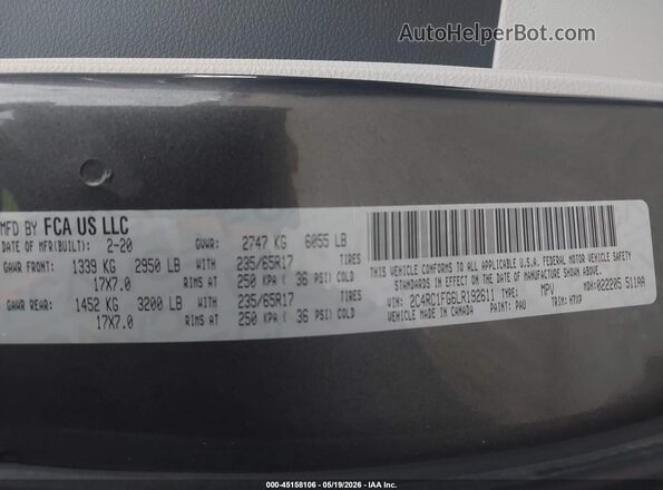 2C4RC1FG6LR192611 2020 CHRYSLER PACIFICA Gray Engine compartment view