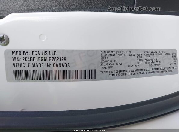 2C4RC1FG6LR282129 2020 CHRYSLER PACIFICA White Engine compartment view