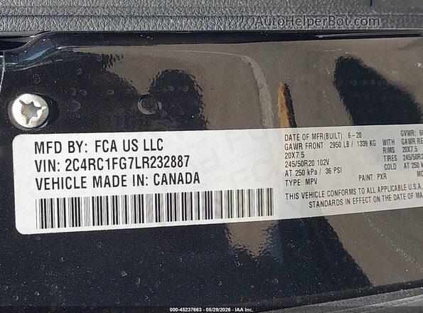 2C4RC1FG7LR232887 2020 CHRYSLER PACIFICA Black Engine compartment view