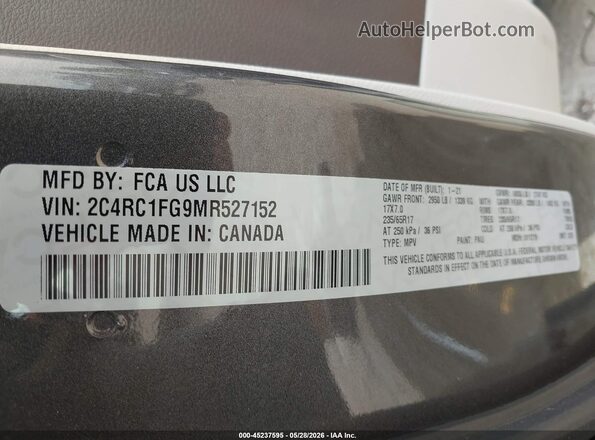 2C4RC1FG9MR527152 2021 CHRYSLER PACIFICA Gray Vista del compartimento del motor