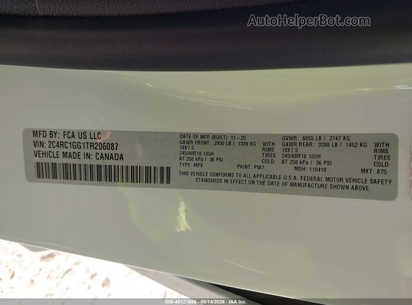2C4RC1GG1TR206087 2026 CHRYSLER PACIFICA White Widok komory silnika