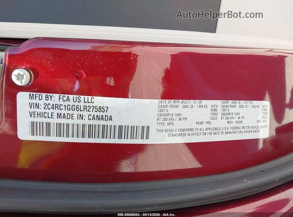 2C4RC1GG6LR275857 2020 CHRYSLER PACIFICA Red Вид підкапотного простору